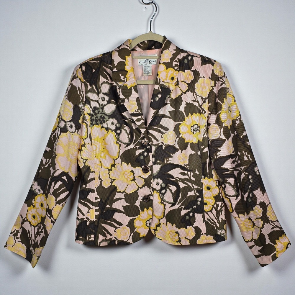 Russell Kemp Collection Blazer Jacket 100% Silk‎ Women's Size 8 Floral Print VTG